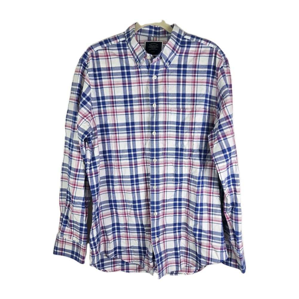 charles tyrwhitt Long Sleeve Button Up Shirt Blue And Pink Plaid Mens L Slim Fit